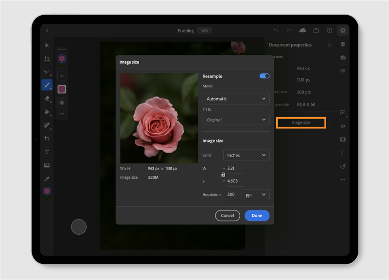 Resize images in Photoshop on the iPad