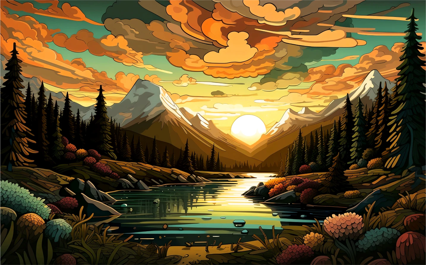 Elevate Your PC with a Breathtaking Mountain and Forest Sunset Illustration Wallpaper in HD 4K